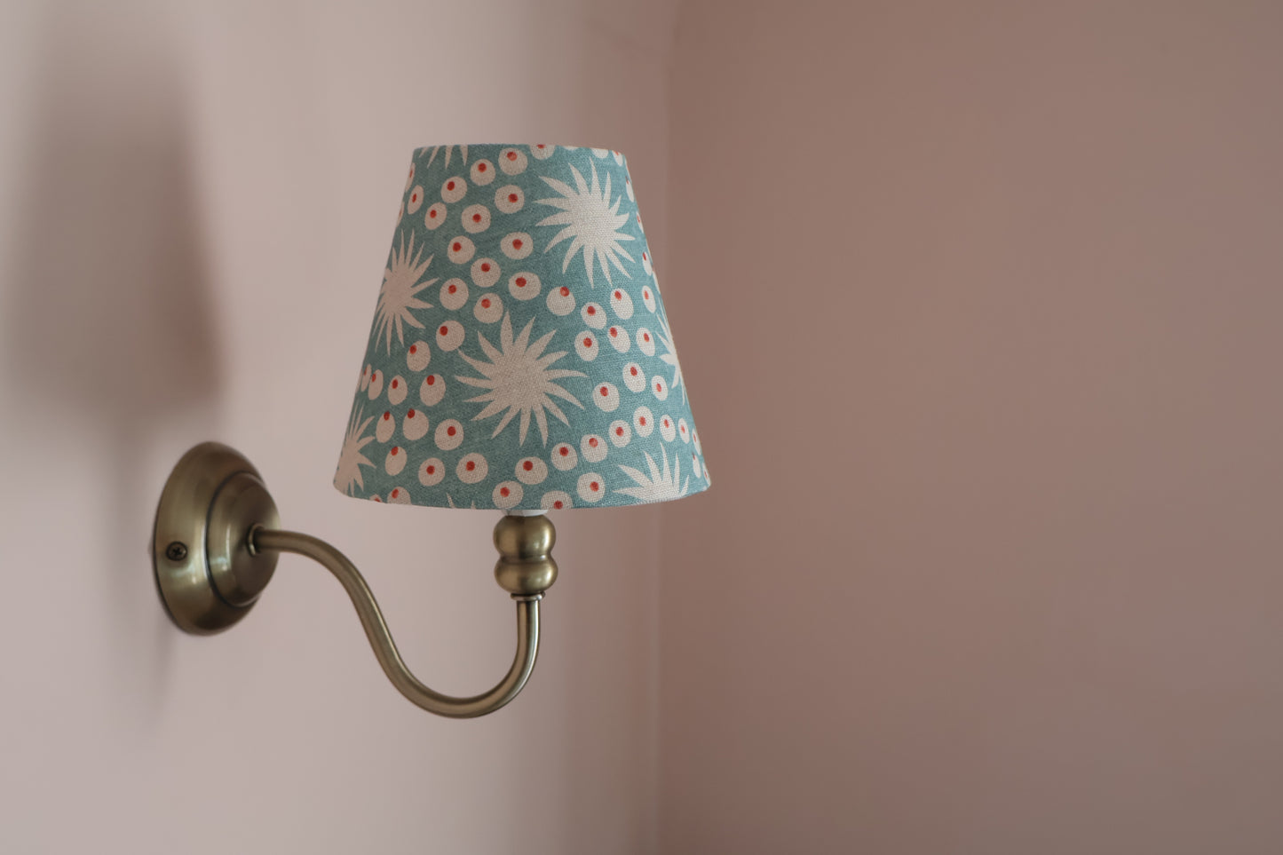 Small-batch handmade linen lampshade with blue pattern, ideal for wall lights, chandeliers, and bedside tables