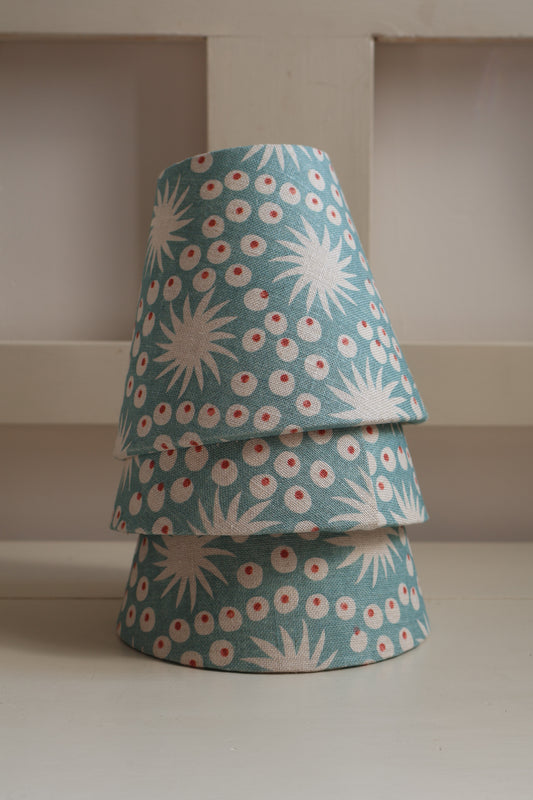 Small-batch handmade linen lampshade with blue pattern, ideal for wall lights, chandeliers, and bedside tables