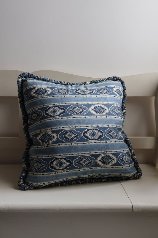 Amara decorative cushion with indigo stripe floral pattern